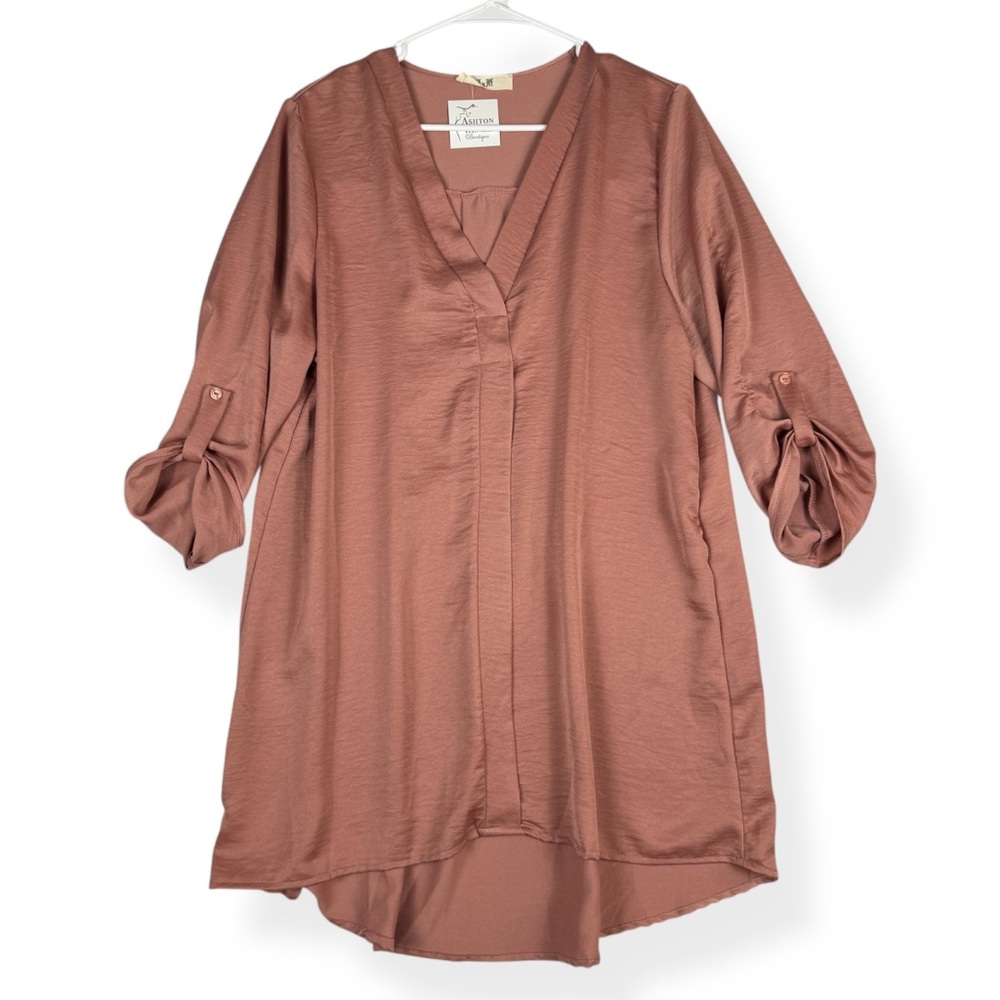 Jade By Jane Boutique Brand Tunic Top Womens XL Dusty Rose‎ 3/4 Roll Tab Sleeve